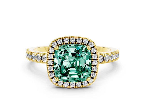 Yellow gold Cushion Cut Green Sapphire Classic Halo Engagement Ring with Round Pavé Band and Prong Setting