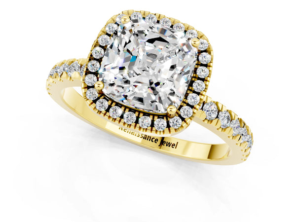 Yellow gold Cushion Cut Moissanite Classic Halo Engagement Ring with Round Pavé Band and Prong Setting