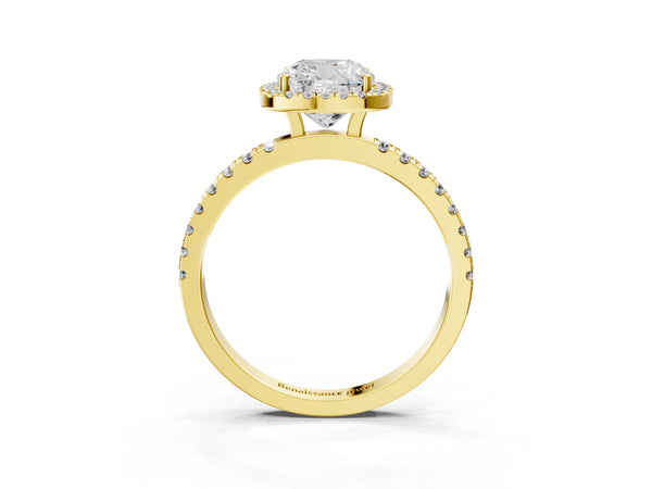 Yellow gold Cushion Cut Halo Diamond Pave Band with Prong Setting