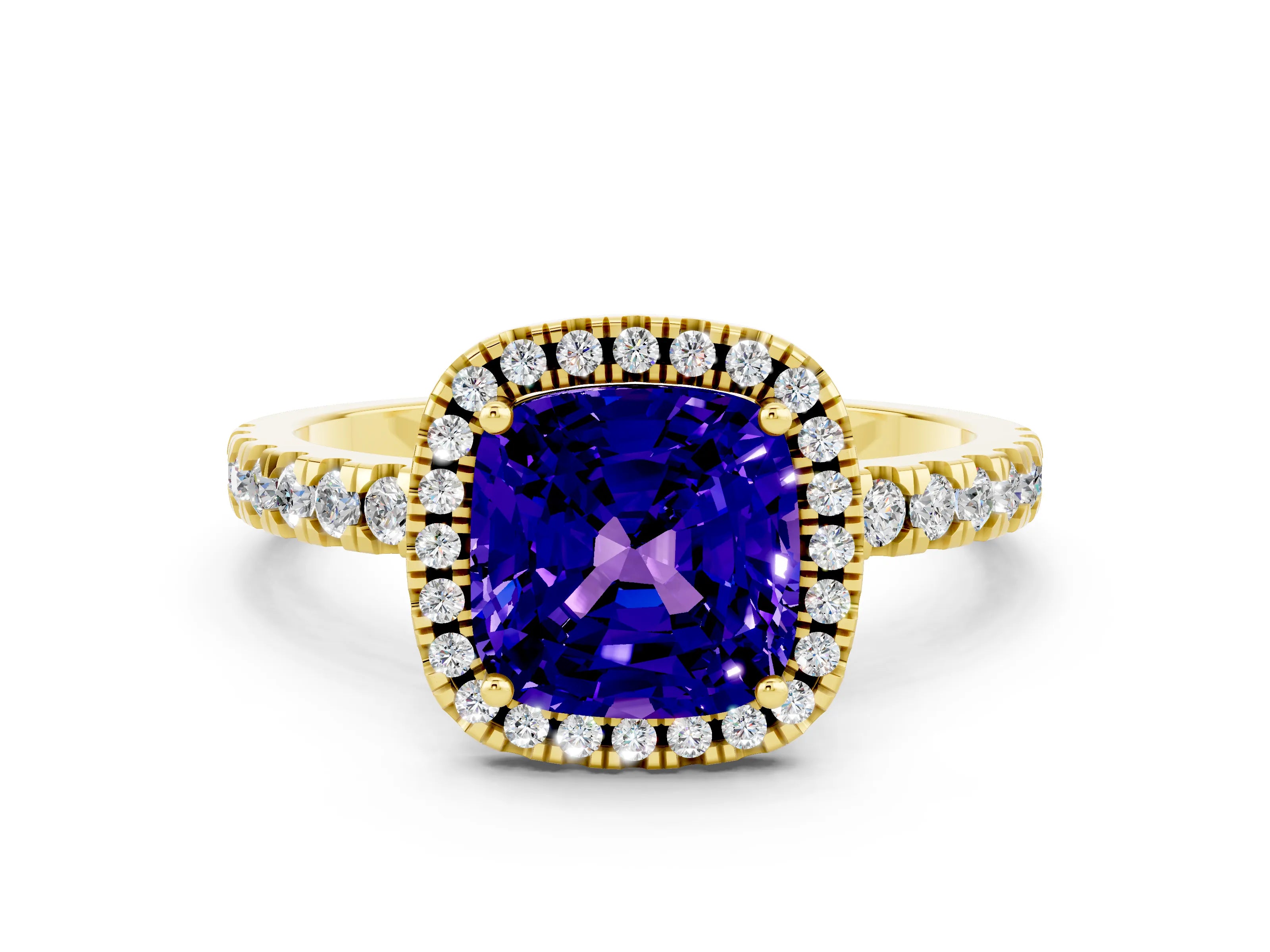 Yellow gold Cushion Cut Halo Diamond Pave Band with Prong Setting