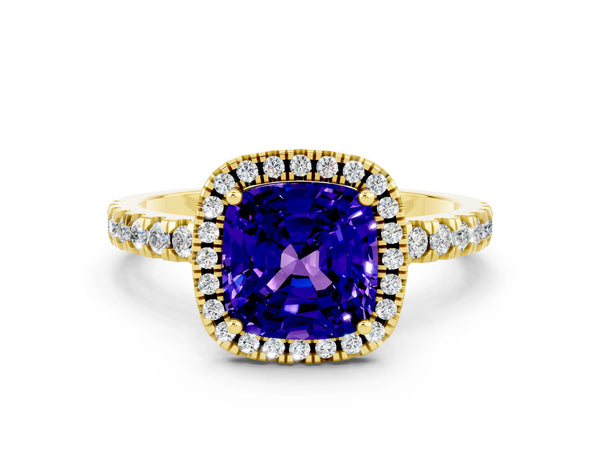 Yellow gold Cushion Cut Tanzanite Classic Halo Engagement Ring with Round Pavé Band and Prong Setting