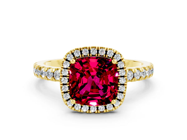 Yellow gold Cushion Cut Garnet Classic Halo Engagement Ring with Round Pavé Band and Prong Setting