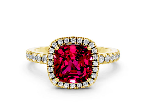 Yellow gold Cushion Cut Halo Diamond Pave Band with Prong Setting
