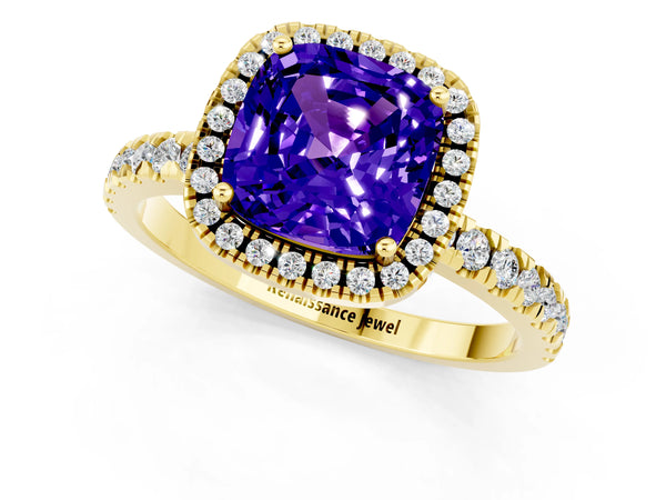 Yellow gold Cushion Cut Tanzanite Classic Halo Engagement Ring with Round Pavé Band and Prong Setting