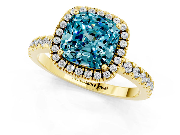 Yellow gold Cushion Cut Halo Diamond Pave Band with Prong Setting