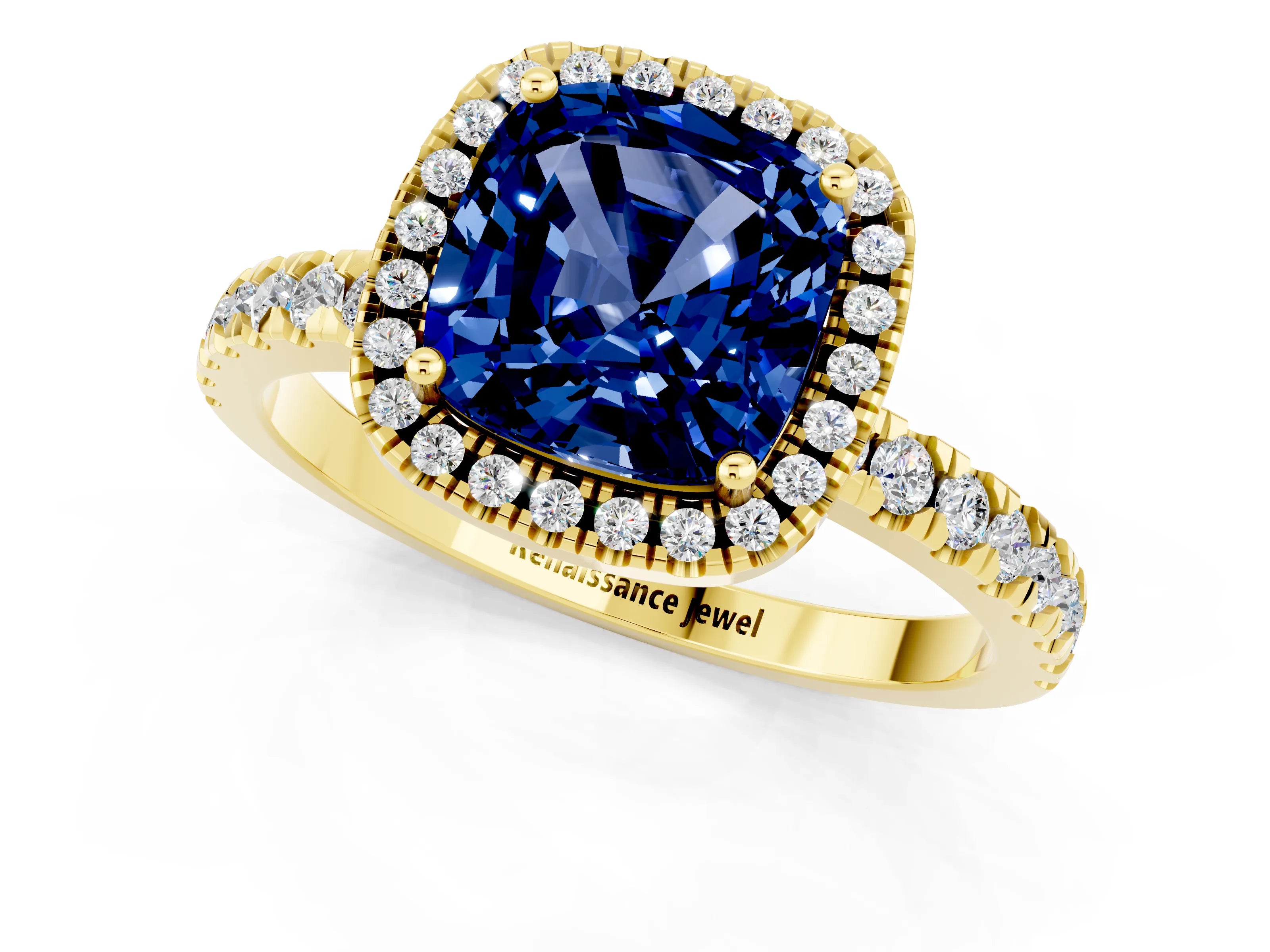Yellow gold Cushion Cut Halo Diamond Pave Band with Prong Setting_1
