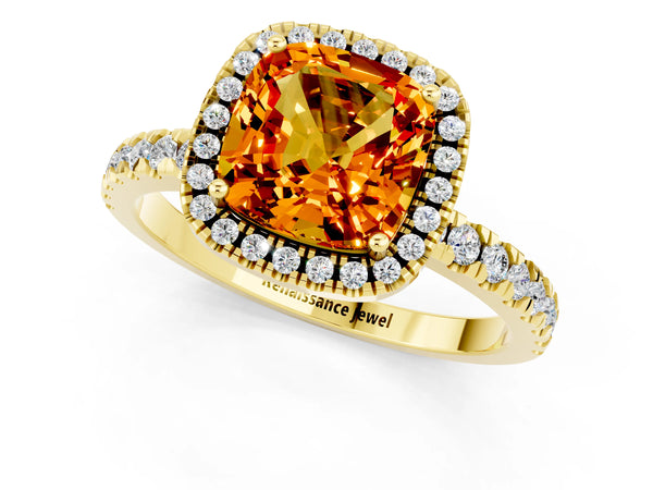 Yellow gold Cushion Cut Citrine Classic Halo Engagement Ring with Round Pavé Band and Prong Setting