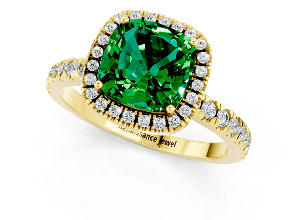 Yellow gold Cushion Cut Emerald Classic Halo Engagement Ring with Round Pavé Band and Prong Setting