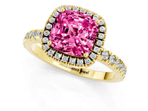 Yellow gold Cushion Cut Halo Diamond Pave Band with Prong Setting_1