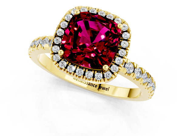 Yellow gold Cushion Cut Garnet Classic Halo Engagement Ring with Round Pavé Band and Prong Setting