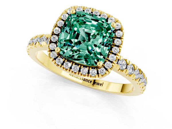Yellow gold Cushion Cut Green Sapphire Classic Halo Engagement Ring with Round Pavé Band and Prong Setting