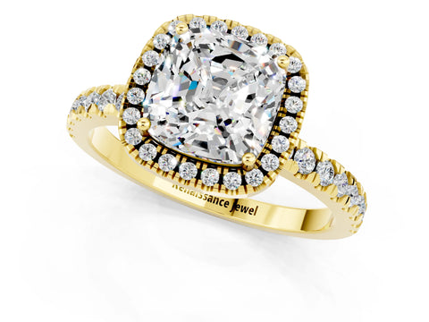 Yellow gold Cushion Cut Halo Diamond Pave Band with Prong Setting_1