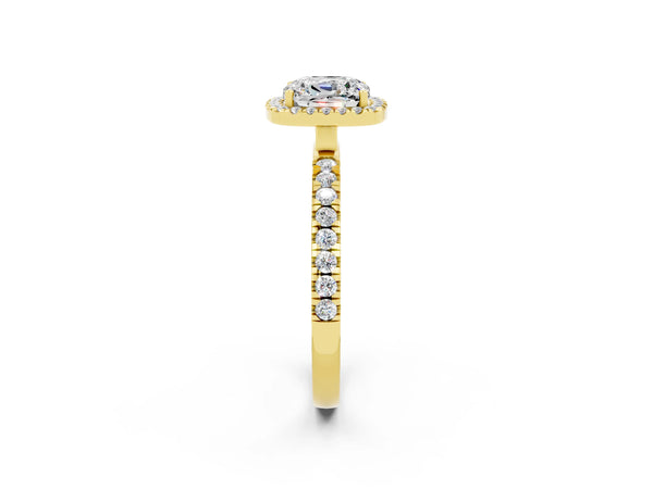 Yellow gold Cushion Cut Moissanite Classic Halo Engagement Ring with Round Pavé Band and Prong Setting