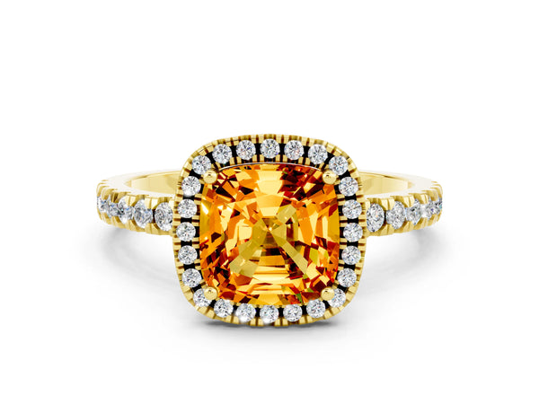 Yellow gold Cushion Cut Citrine Classic Halo Engagement Ring with Round Pavé Band and Prong Setting