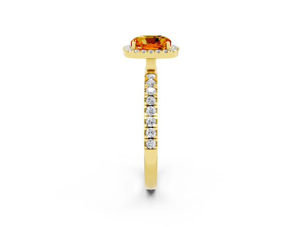 Yellow gold Cushion Cut Citrine Classic Halo Engagement Ring with Round Pavé Band and Prong Setting