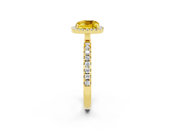 Yellow gold Cushion Cut Yellow Sapphire Classic Halo Engagement Ring with Round Pavé Band and Prong Setting