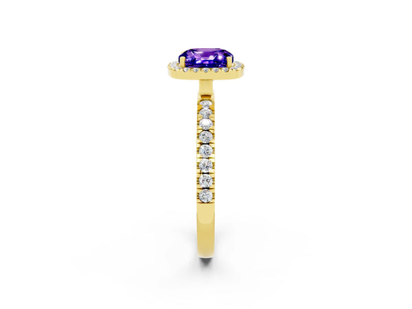Yellow gold Cushion Cut Tanzanite Classic Halo Engagement Ring with Round Pavé Band and Prong Setting