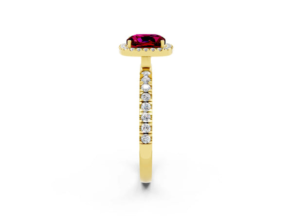Yellow gold Cushion Cut Garnet Classic Halo Engagement Ring with Round Pavé Band and Prong Setting