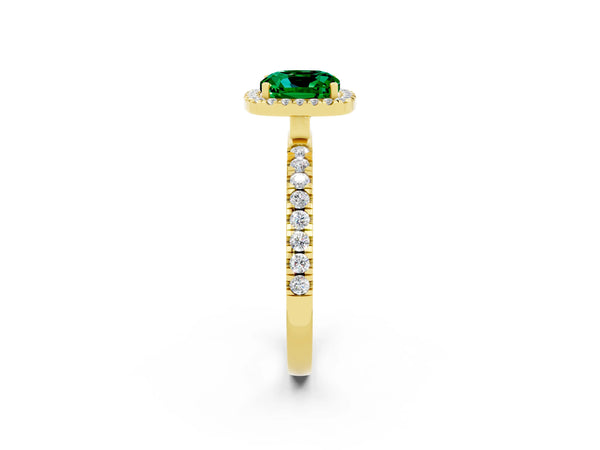 Yellow gold Cushion Cut Emerald Classic Halo Engagement Ring with Round Pavé Band and Prong Setting