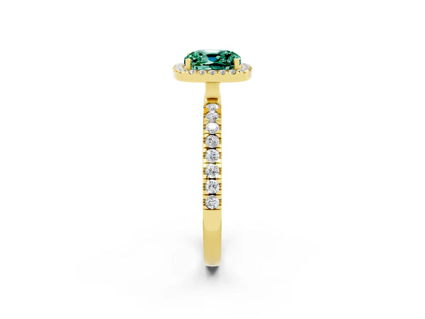 Yellow gold Cushion Cut Green Sapphire Classic Halo Engagement Ring with Round Pavé Band and Prong Setting