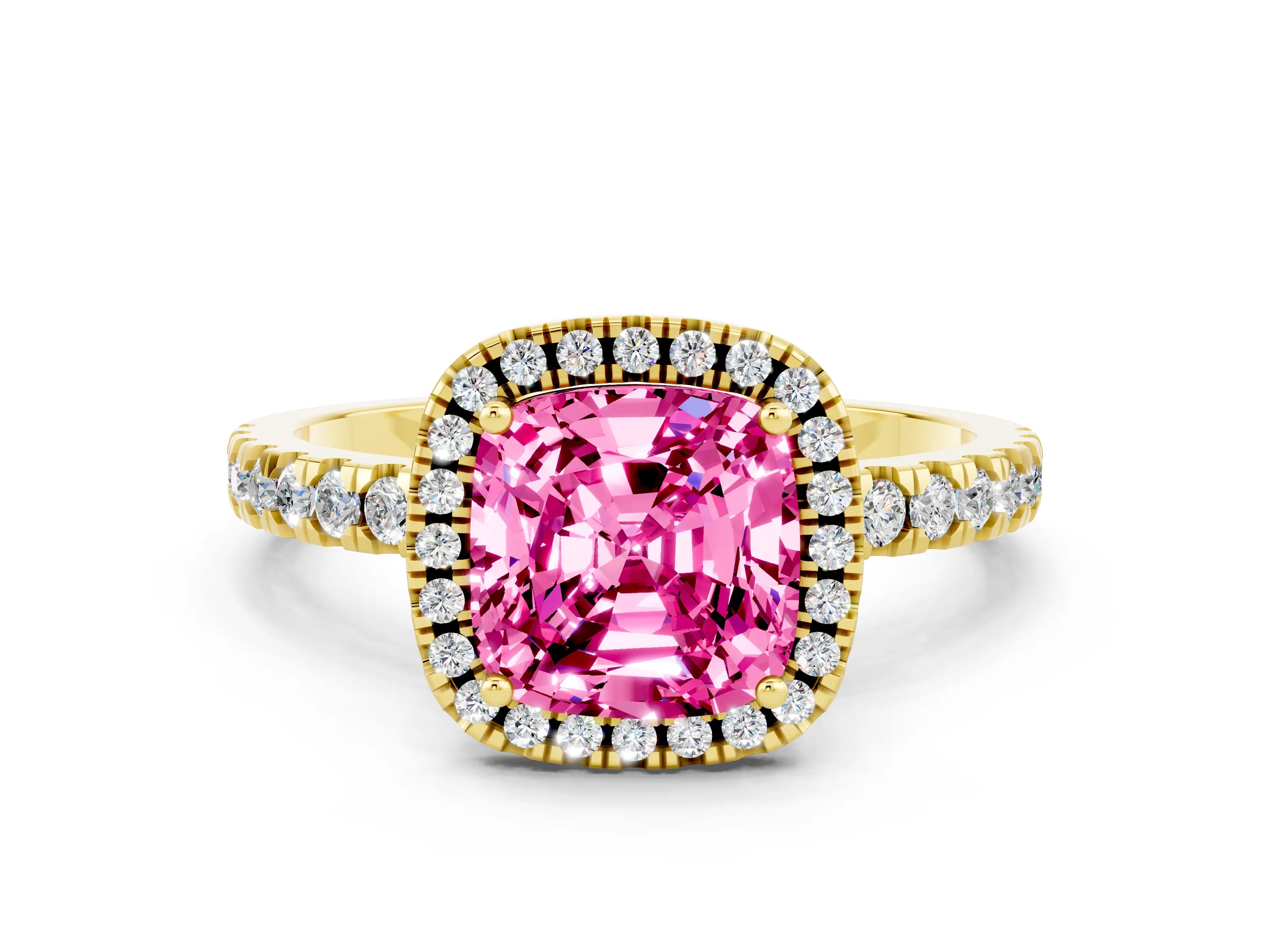 Yellow gold Cushion Cut Halo Diamond Pave Band with Prong Setting
