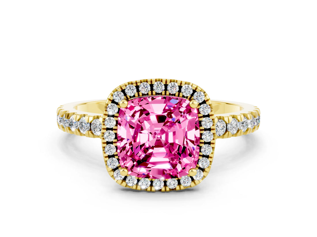 Yellow gold Cushion Cut Halo Diamond Pave Band with Prong Setting