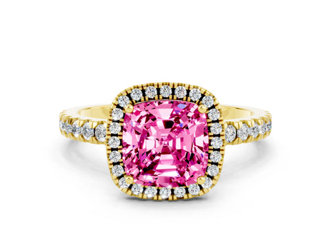 Yellow gold Cushion Cut Halo Diamond Pave Band with Prong Setting