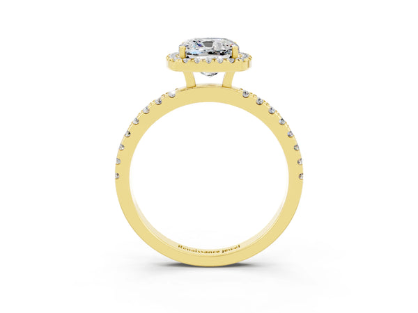Yellow gold Cushion Cut Moissanite Classic Halo Engagement Ring with Round Pavé Band and Prong Setting