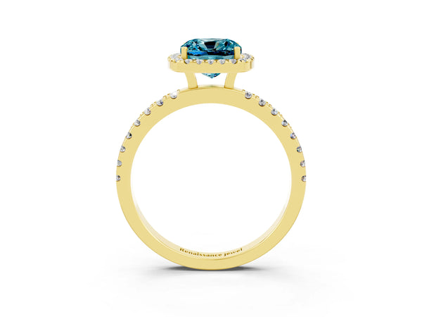 Yellow gold Cushion Cut Halo Diamond Pave Band with Prong Setting