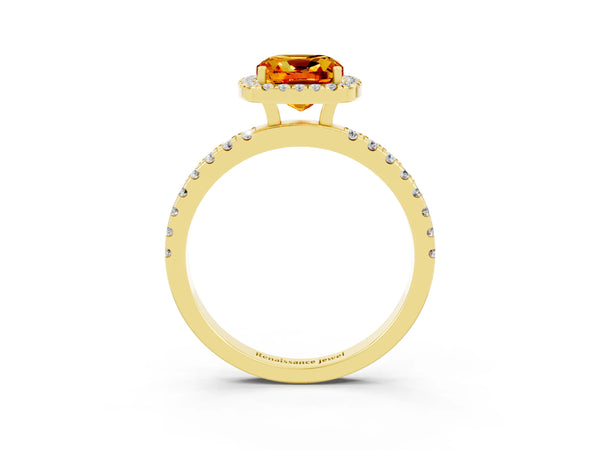 Yellow gold Cushion Cut Citrine Classic Halo Engagement Ring with Round Pavé Band and Prong Setting