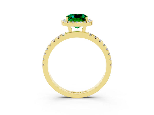 Yellow gold Cushion Cut Emerald Classic Halo Engagement Ring with Round Pavé Band and Prong Setting