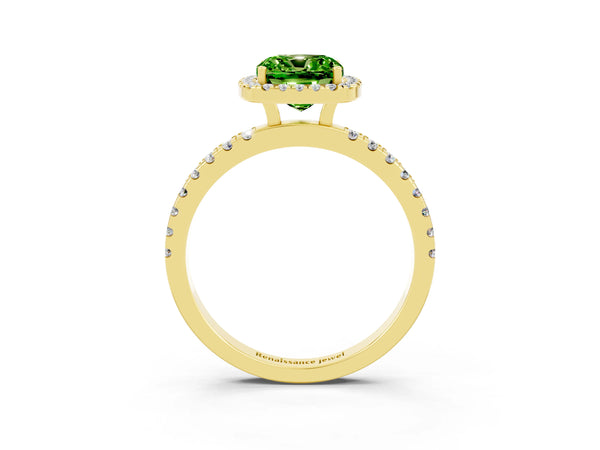 Yellow gold Cushion Cut Halo Diamond Pave Band with Prong Setting
