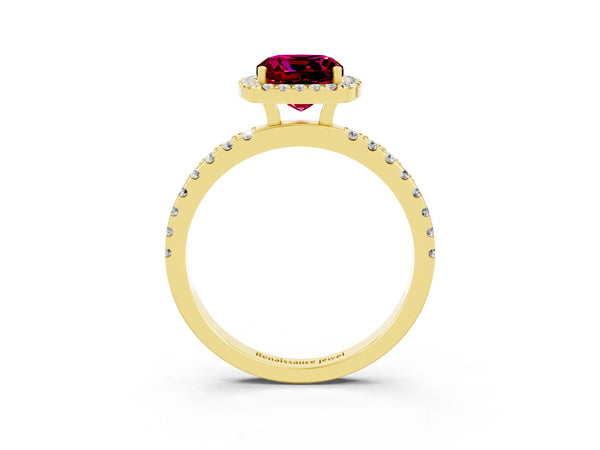 Yellow gold Cushion Cut Garnet Classic Halo Engagement Ring with Round Pavé Band and Prong Setting