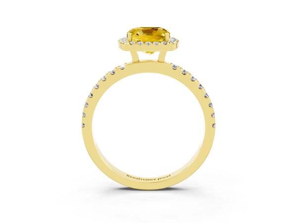 Yellow gold Cushion Cut Yellow Sapphire Classic Halo Engagement Ring with Round Pavé Band and Prong Setting