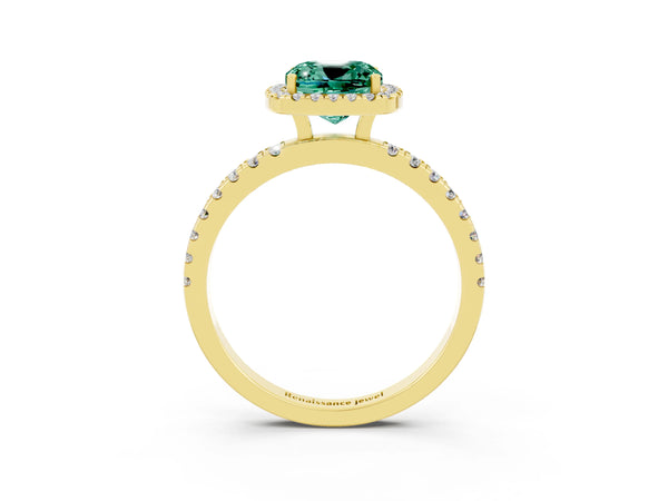 Yellow gold Cushion Cut Green Sapphire Classic Halo Engagement Ring with Round Pavé Band and Prong Setting