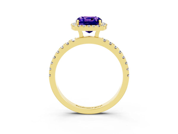 Yellow gold Cushion Cut Tanzanite Classic Halo Engagement Ring with Round Pavé Band and Prong Setting