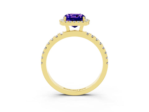 Yellow gold Cushion Cut Halo Diamond Pave Band with Prong Setting_3