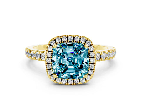 Yellow gold Cushion Cut Halo Diamond Pave Band with Prong Setting