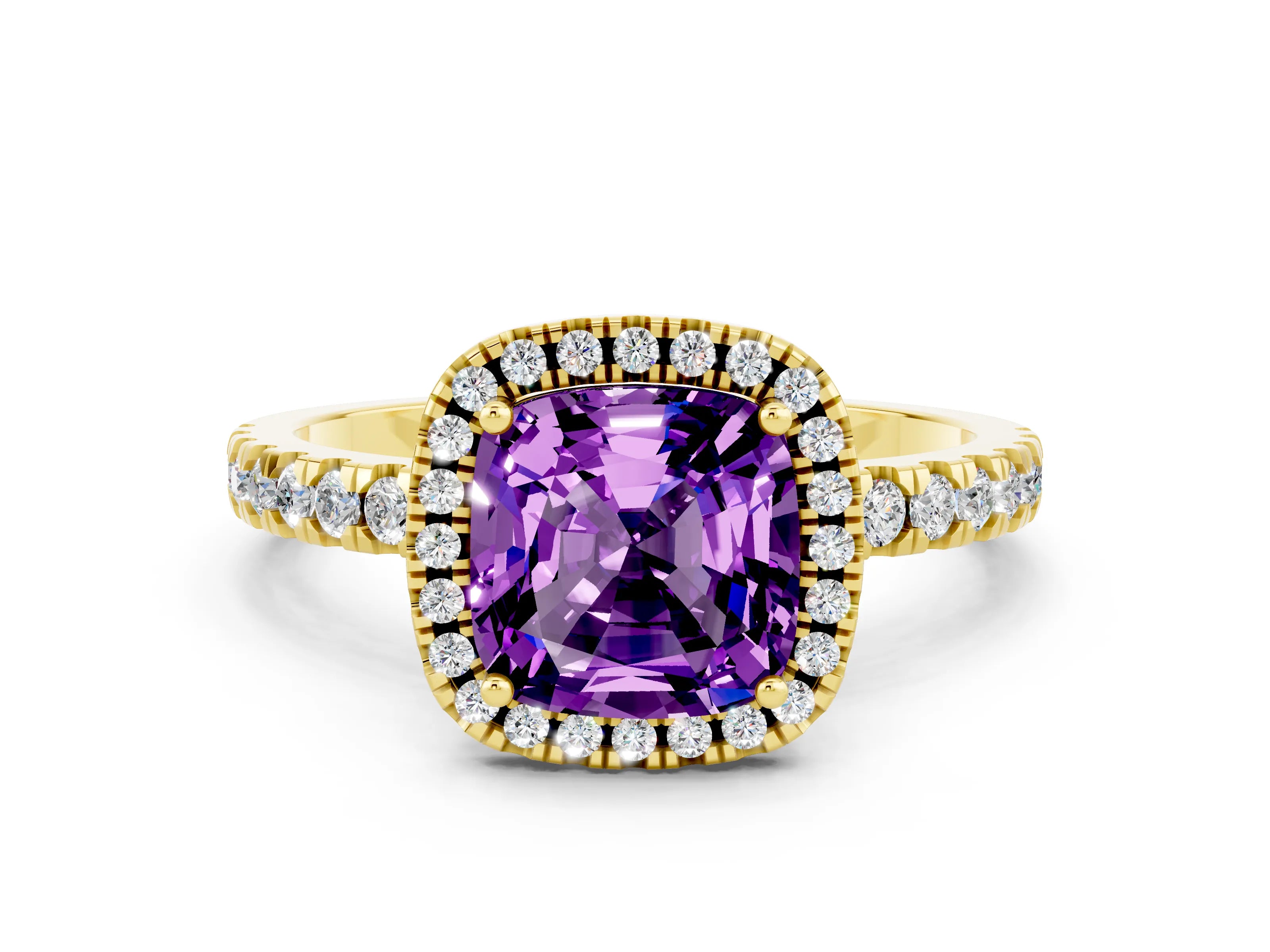 Yellow gold Cushion Cut Halo Diamond Pave Band with Prong Setting