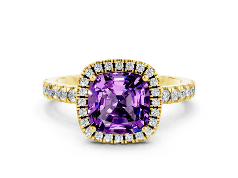 Yellow gold Cushion Cut Halo Diamond Pave Band with Prong Setting
