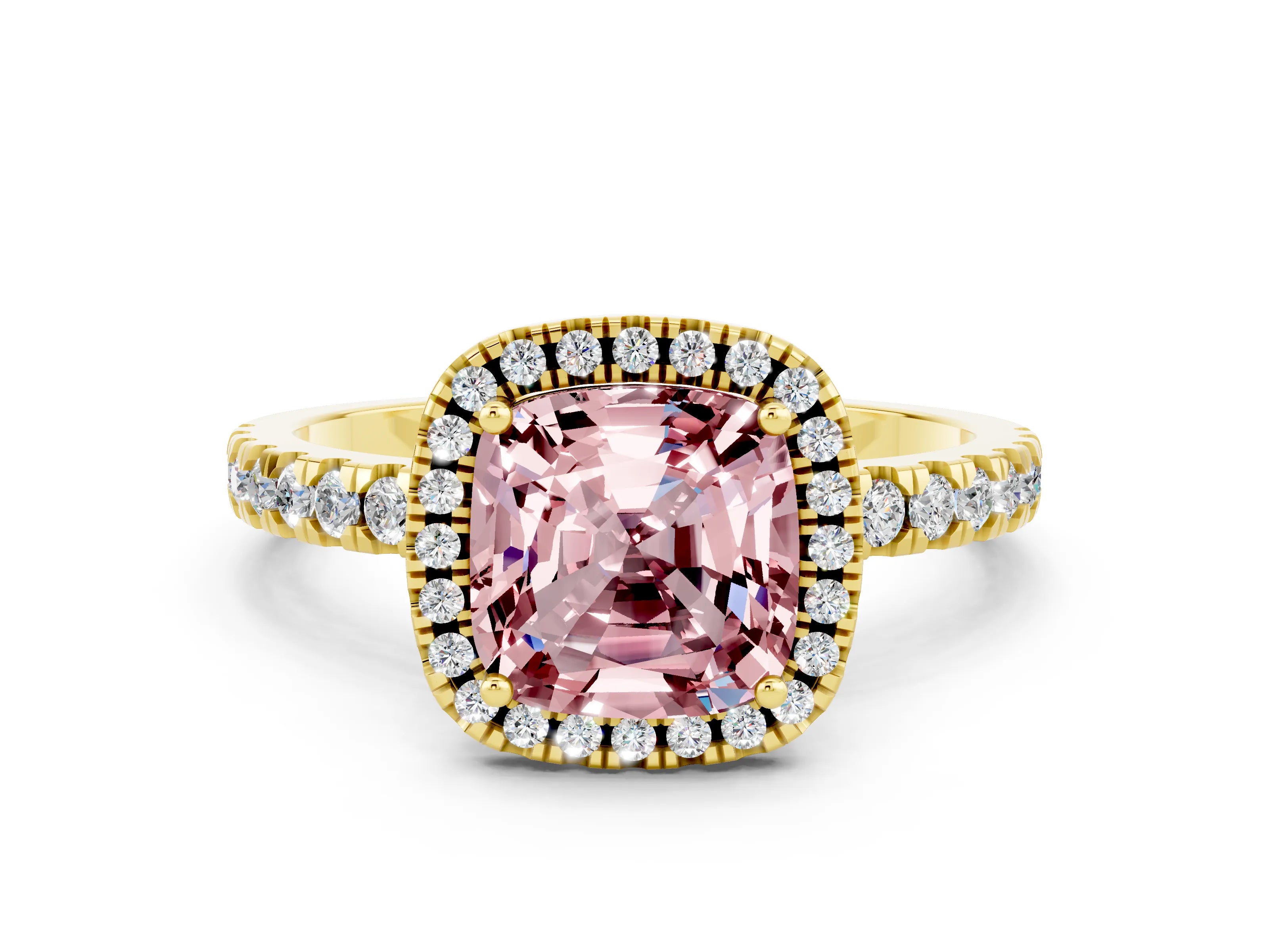 Yellow gold Cushion Cut Halo Diamond Pave Band with Prong Setting
