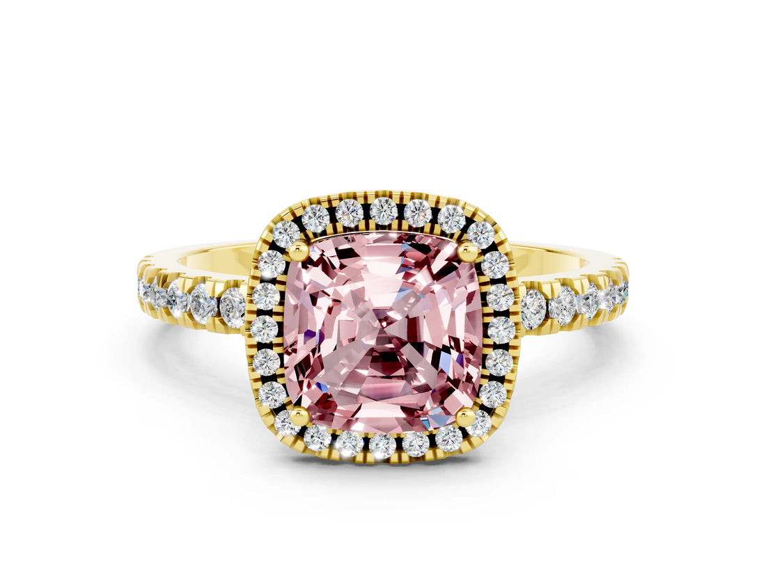 Yellow gold Cushion Cut Halo Diamond Pave Band with Prong Setting