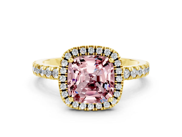 Yellow gold Cushion Cut Halo Diamond Pave Band with Prong Setting