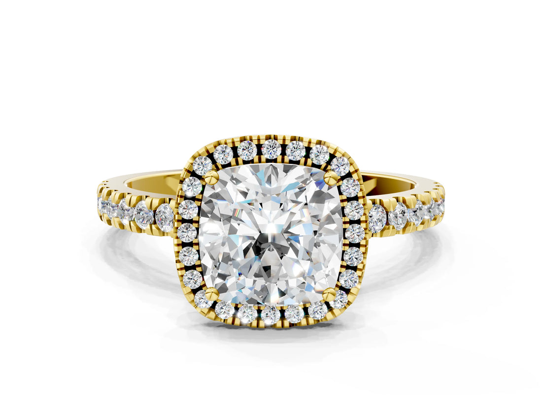 Yellow gold Cushion Cut Halo Diamond Pave Band with Prong Setting_8