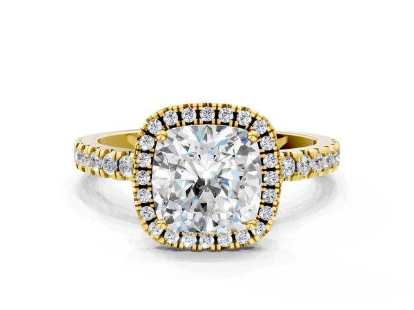 Yellow gold Cushion Cut Halo Diamond Pave Band with Prong Setting