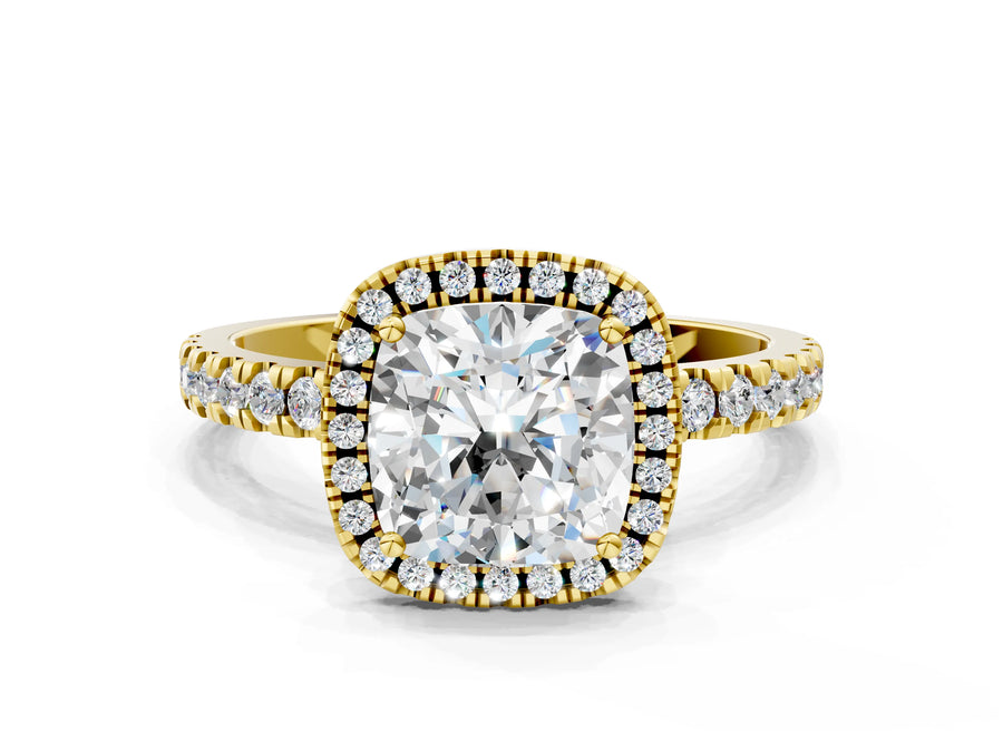 Yellow gold Cushion Cut Halo Diamond Pave Band with Prong Setting