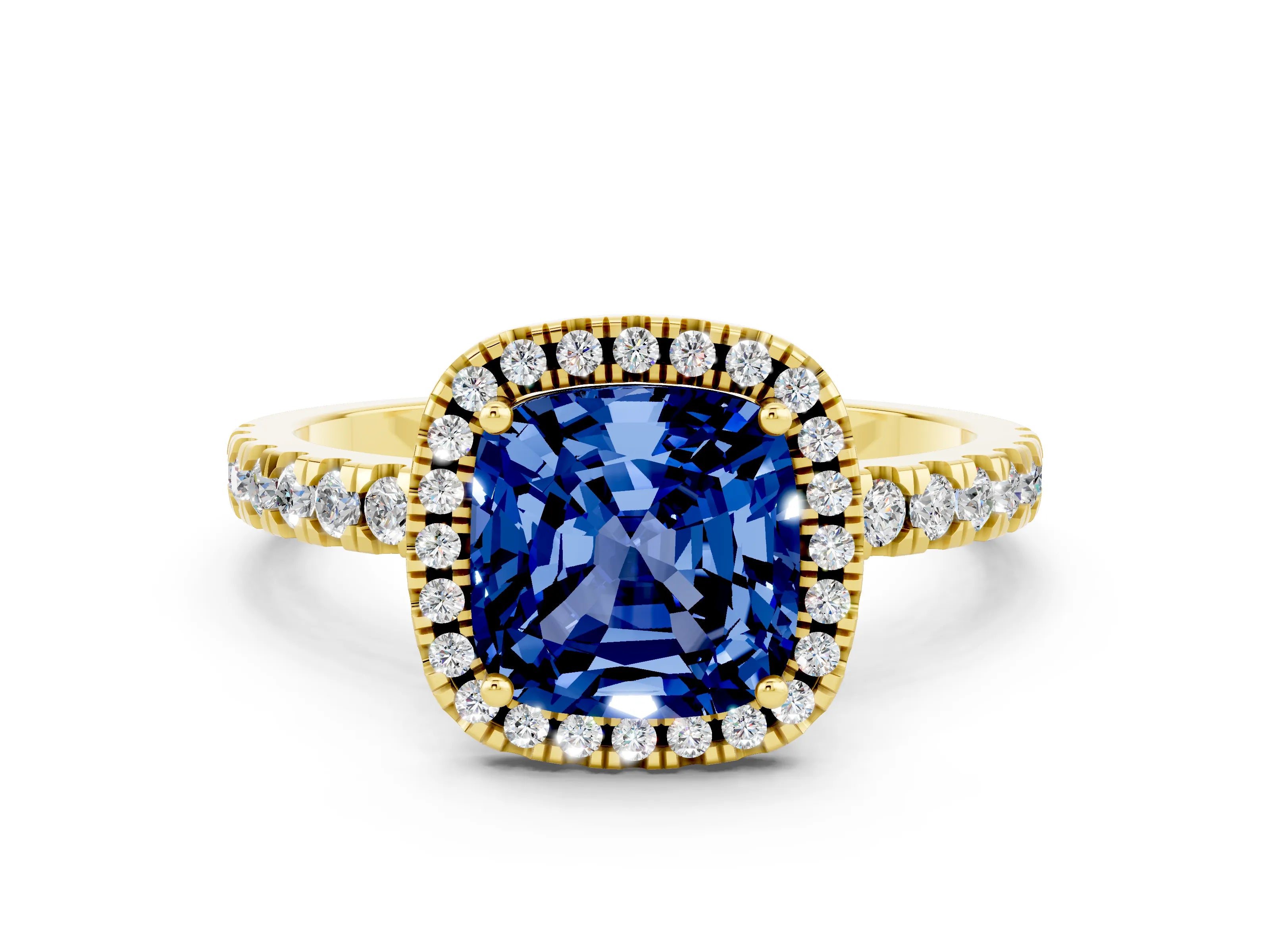 Yellow gold Cushion Cut Halo Diamond Pave Band with Prong Setting