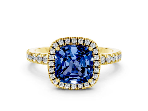 Yellow gold Cushion Cut Halo Diamond Pave Band with Prong Setting