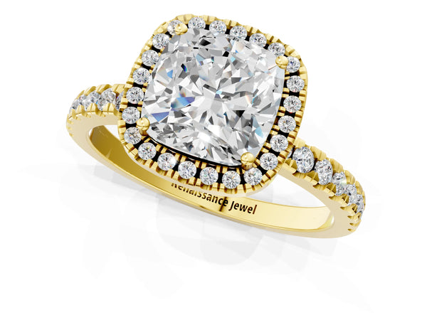 Yellow gold Cushion Cut Halo Diamond Pave Band with Prong Setting