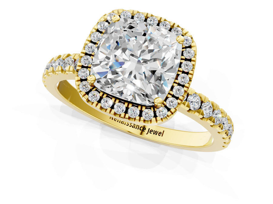 Yellow gold Cushion Cut Halo Diamond Pave Band with Prong Setting